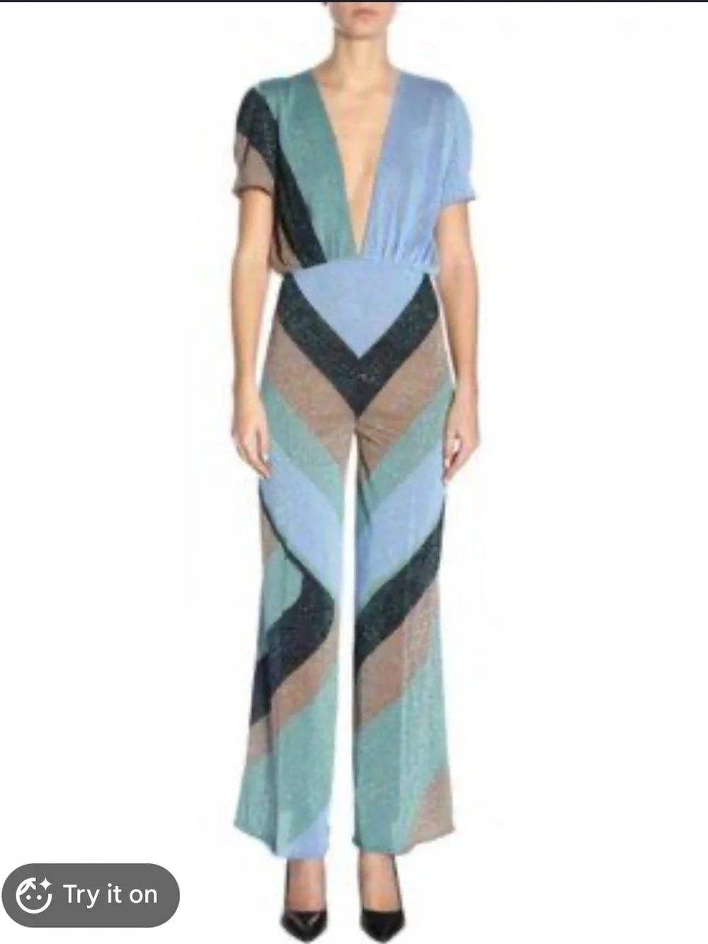 Circus Hotel Chevron Stripe V-Neck Jumpsuit in Blue and Teal, size 38